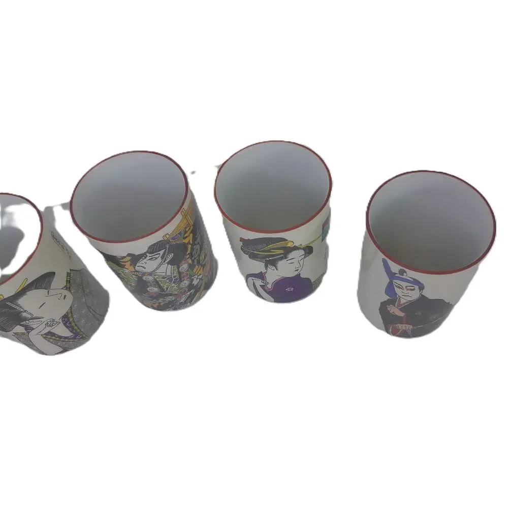 Vintage Japanese Kabuki & Geisha Yunomi Tea Cup Set of 6 Porcelain Tumblers